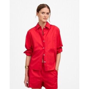 Madewell Poplin Easy Y-Neck Button-Up Shirt Red Women Sm 100% Cotton Relaxed Fit